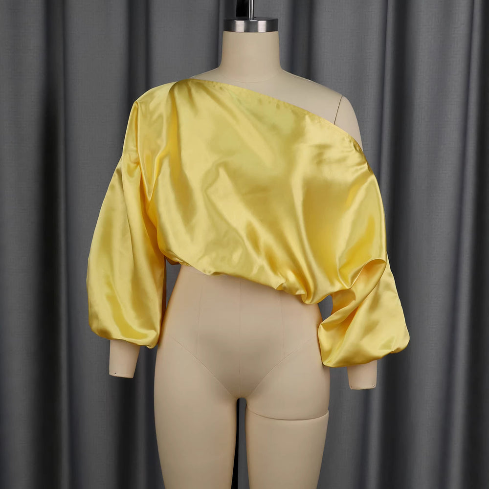 Amazon new satin one-shoulder top - loose fit, bubble sleeve, designer-style, elegant short blouse for banquets & events