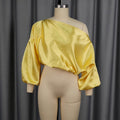 Amazon new satin one-shoulder top - loose fit, bubble sleeve, designer-style, elegant short blouse for banquets & events