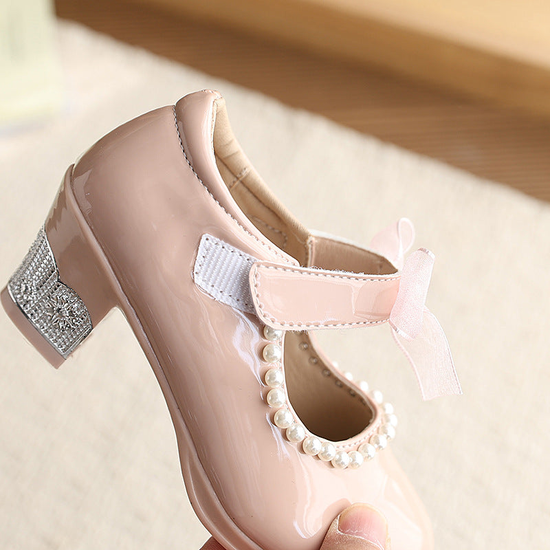 Girls' shiny leather mary janes - new spring/autumn  collection - beaded bow princess shoes - trendy kids' fashion flats