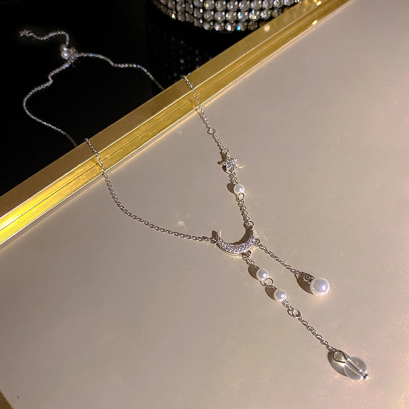Korean ins style pearl zircon titanium steel necklace for women easiest for matchniche styleclassy sense clavicle chain fairy jewelry wholesale