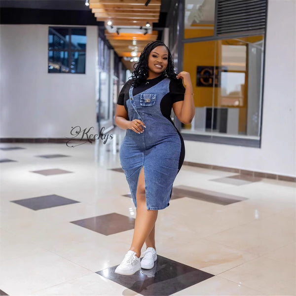 Cross-border European and American fake two-piece strap denim dress women's independent station fashion splicing contrasting color front split medium and long dress