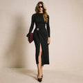 Amazon fashion style retro metal buckle waist slimming look side slit long sleeves black spring & fallnew arrivaldress for women