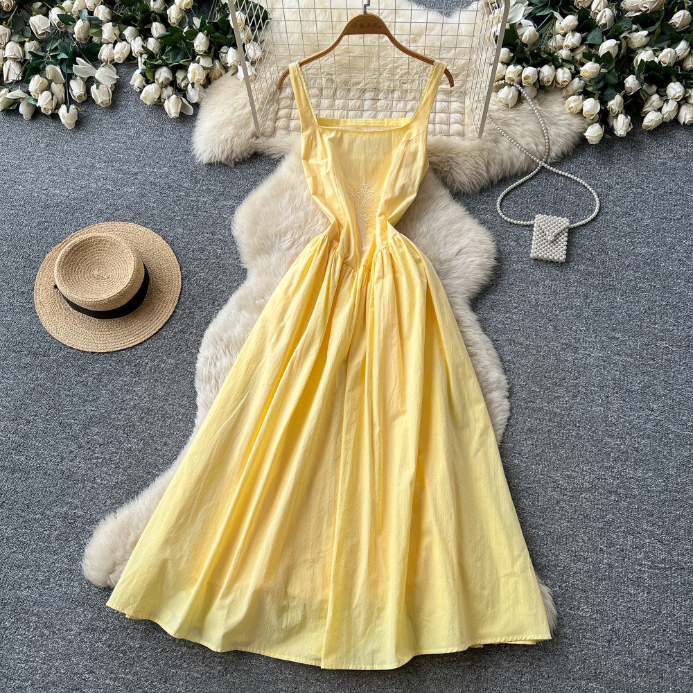 Vacation style yellow suspender lacedress female summer pure lust style waist slimming lookhigh waist long skirt sense of design