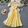 Vacation style yellow suspender lacedress female summer pure lust style waist slimming lookhigh waist long skirt sense of design