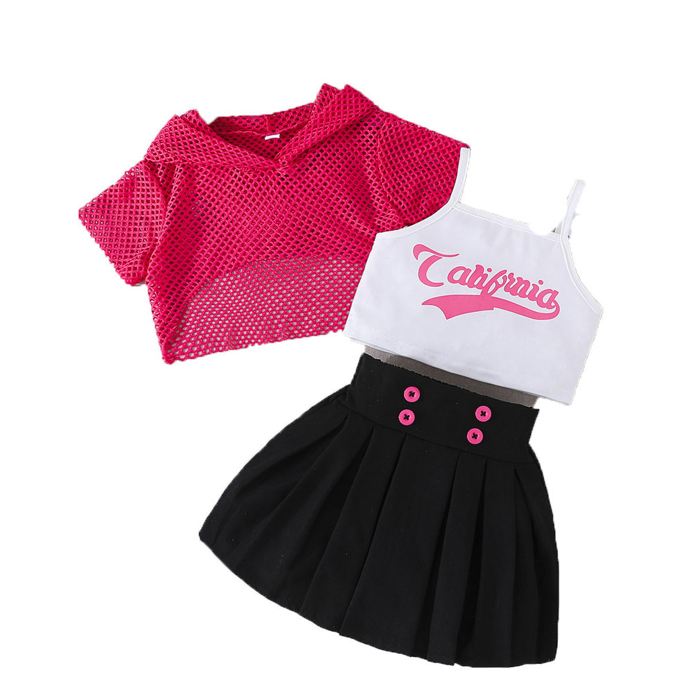 exclusive supply—girl fashion suit pink mesh short-sleeved top + white vest + black pleated skirt