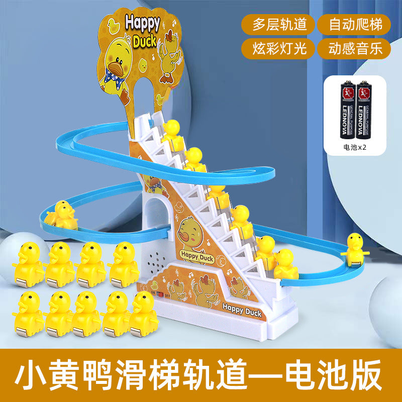 Influencer-approved little yellow duck climbing stairs educational electric track toy with slide for baby girls, boys, and toddlers