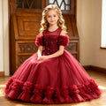 girls' red high-end formal dress, little girl's dress, holiday performance costume, kids' stylish puffy tutu skirt