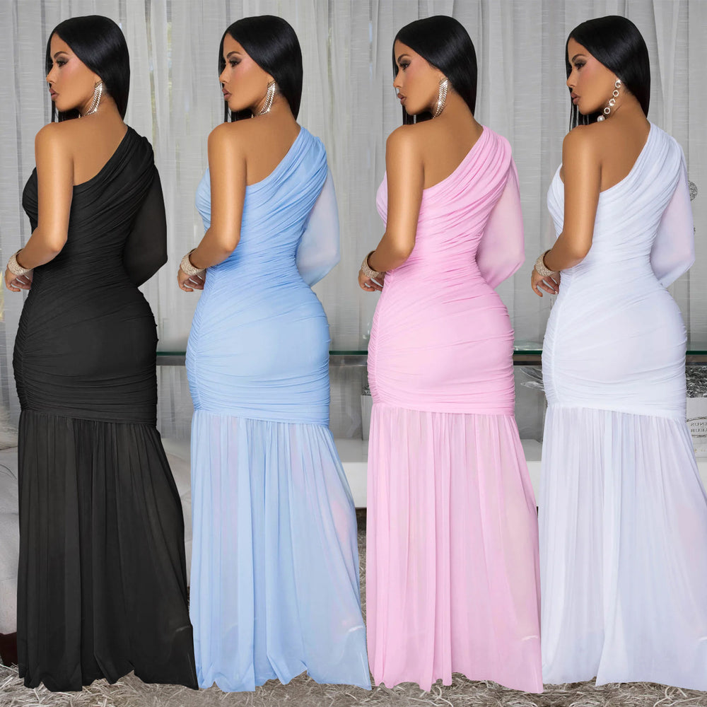 C7500 cross-border   fashion women's sexy one-shoulder mesh high-end dress - new