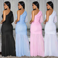C7500 cross-border   fashion women's sexy one-shoulder mesh high-end dress - new