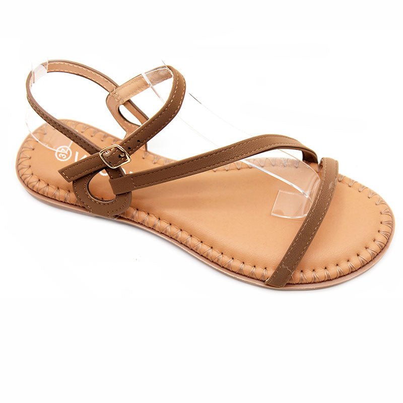 潮州外贸女士凉鞋夏季一字扣带平底车缝线工艺鞋防滑凉鞋sandals