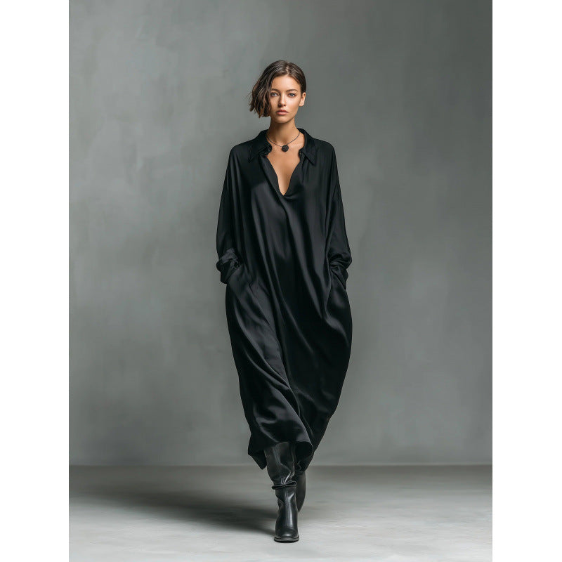 European and american cross-border new solid color satin long sleeve shirt dress