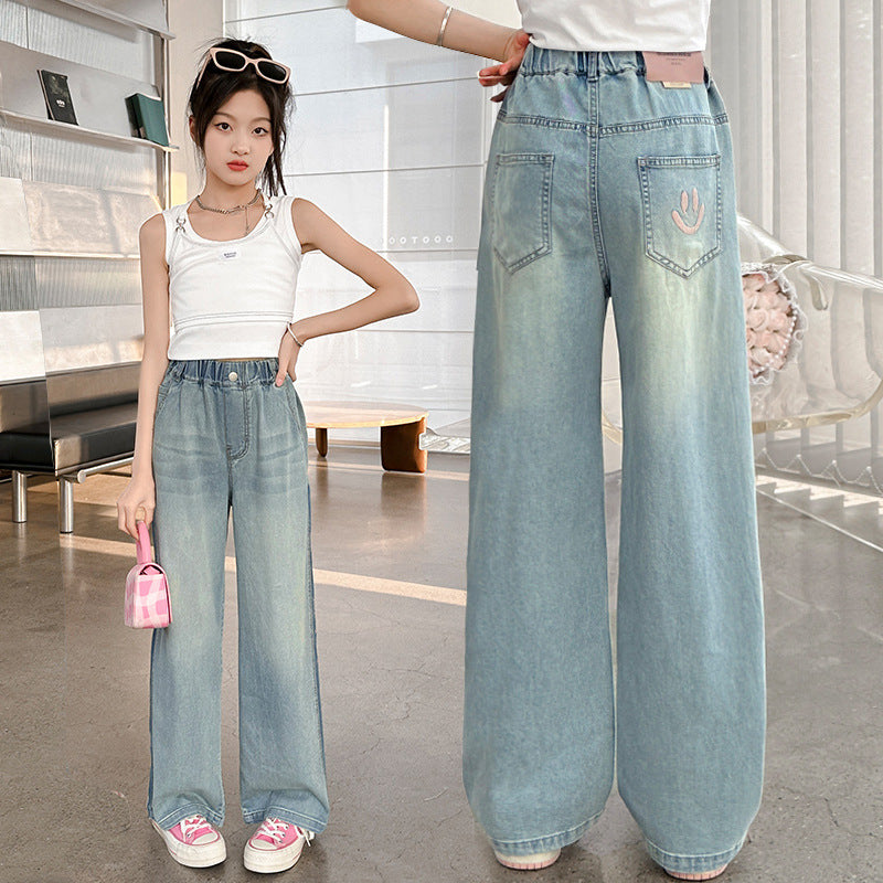 Girls' spring lightweight pants  new style big kids summer straight-leg wide-leg mosquito-proof pants children's tencel denim jeans