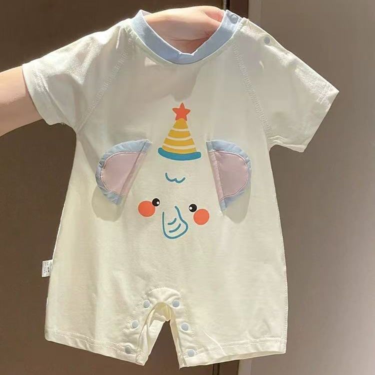 Newborn baby cartoon romper - short sleeve summer outfit for baby girls - elephant print onesie