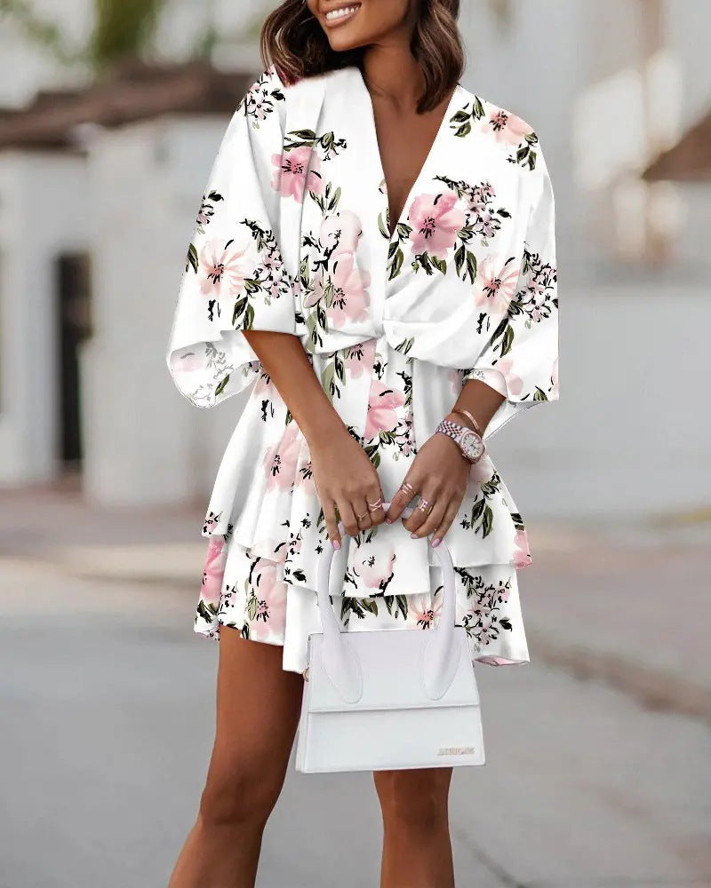 2023 new autumn v-neck loose batwing sleeve printed dress for women - perfect for independent stores, wish, and amazon