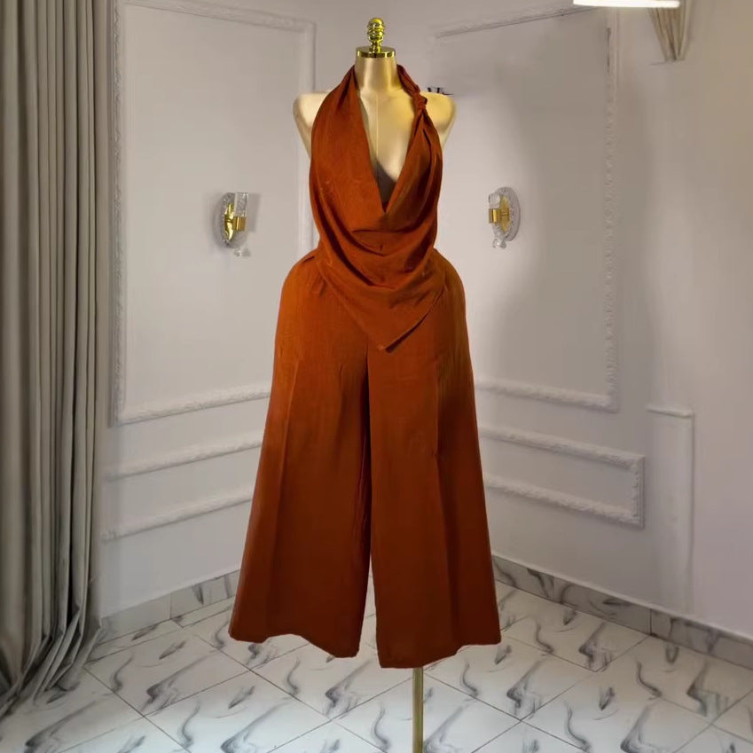European and american cross-border women's fashion  summer new arrival: elegant and high-end halter neck sleeveless top and wide-leg pants set