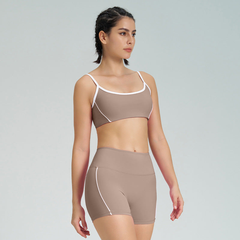 High-waisted, figure-hugging, color-blocked, cross-border camisole, shockproof, push-up, high-waisted, butt-lifting running and fitness shorts yoga set for women