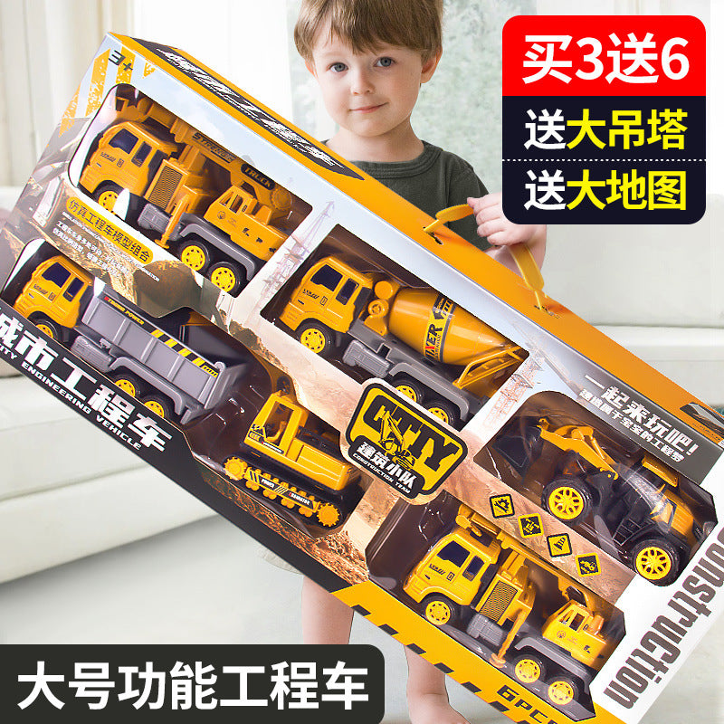 Kids' large construction vehicle set - excavator, mixer truck, bulldozer, dump truck, crane - toy car gift for boys