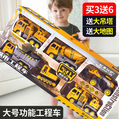 Kids' large construction vehicle set - excavator, mixer truck, bulldozer, dump truck, crane - toy car gift for boys