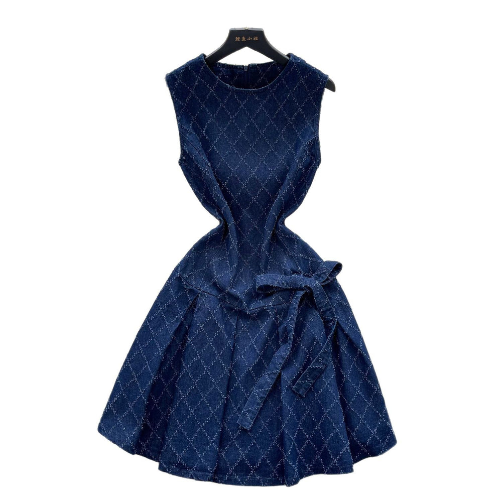Denim dress women's  summer sense of design niche stylebows straps waist round neck sleeveless vest short skirt