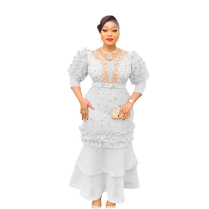 supply of african women's clothing puff sleeve v neck silm hot diamond beaded waist fishtail dress long skirt