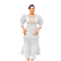 supply of african women's clothing puff sleeve v neck silm hot diamond beaded waist fishtail dress long skirt
