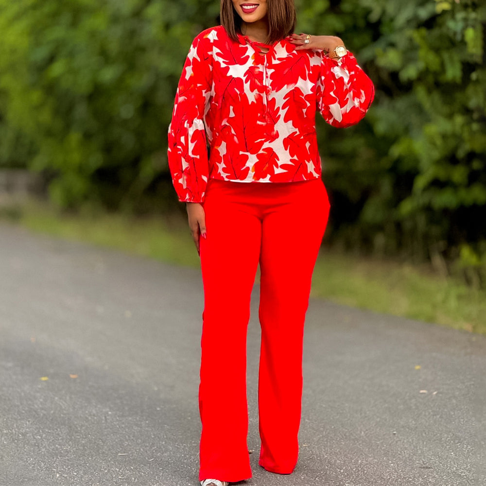 D3289 european and american style women's clothing  new ol fashion printed long sleeve top and wide leg pants two-piece set african outfit