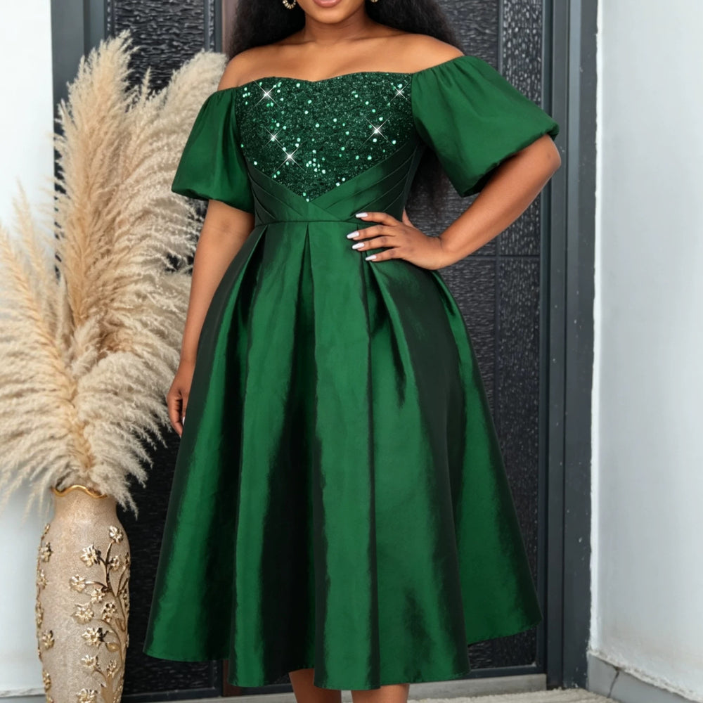 retro women's sexy off-the-shoulder dress - fashionable and elegant sequin slim-fit evening gown