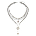 European and american cross-border trendy heavy-duty cross & heart pendant necklace, multi-layered design with floral and pearl accents