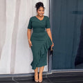 European and american women's clothing  autumn new collection: sweet and fresh asymmetrical neckline short sleeve high-waisted ruffle hem bodycon midi dress