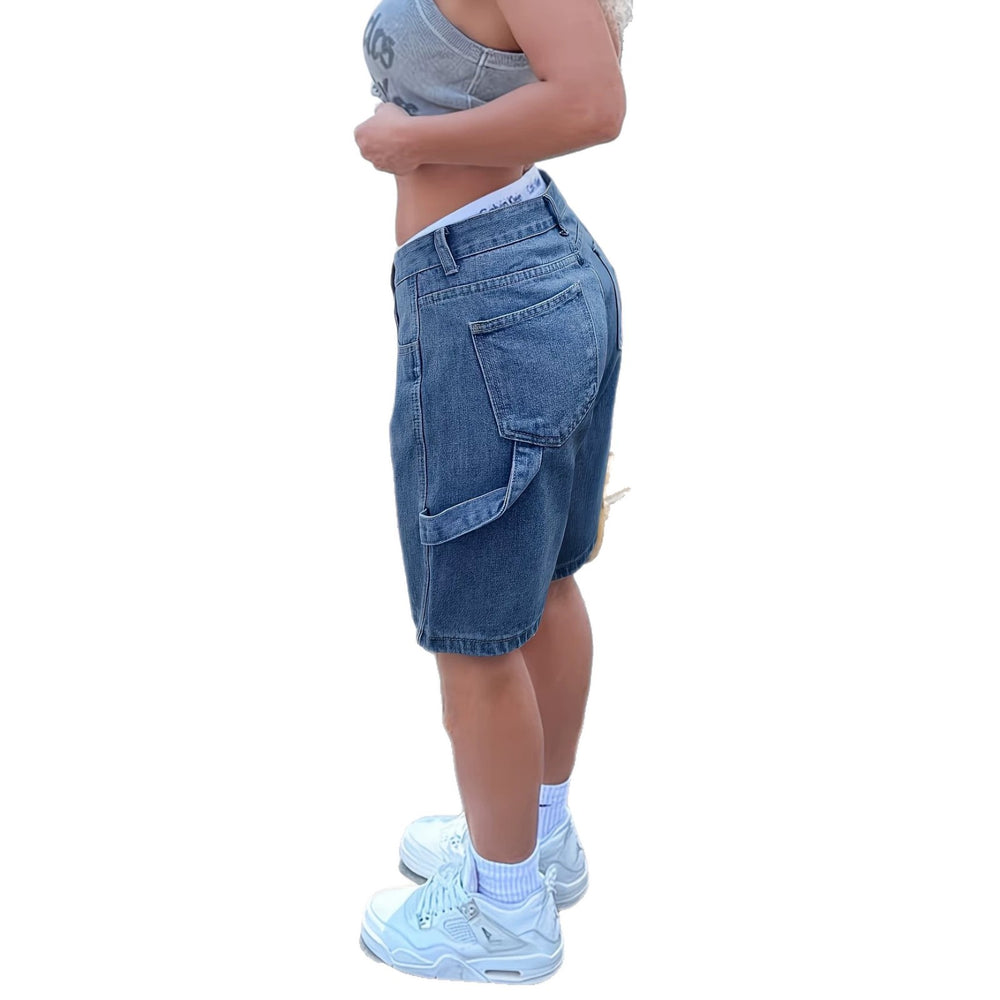 European and american street style workwear denim half length pants women's washed blue loosestraight-leg mid-pants casualeasiest for match wide-leg denim