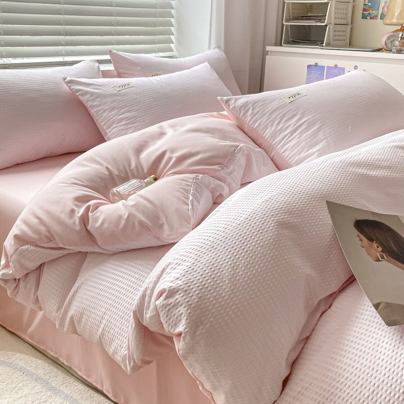 Solid color waffle four-piece wholesale ins polished bed sheet quilt cover Nantong quilt cover bed three-piece bed hat model