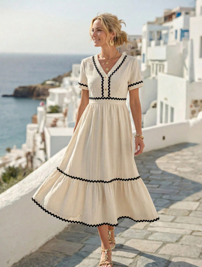 new european and american style elegant vacation dress - backless, lace trim, bow detail, spaghetti strap women's dress