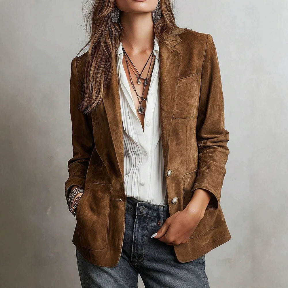European and american cross-border retro style women's outerwear - tan textured lapel single-breasted pocket design casual blazer