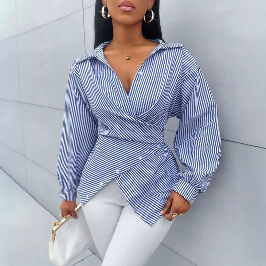 European and american cross-border  hot-selling new spring/summer fashionable sexy versatile striped long-sleeved women's shirt
