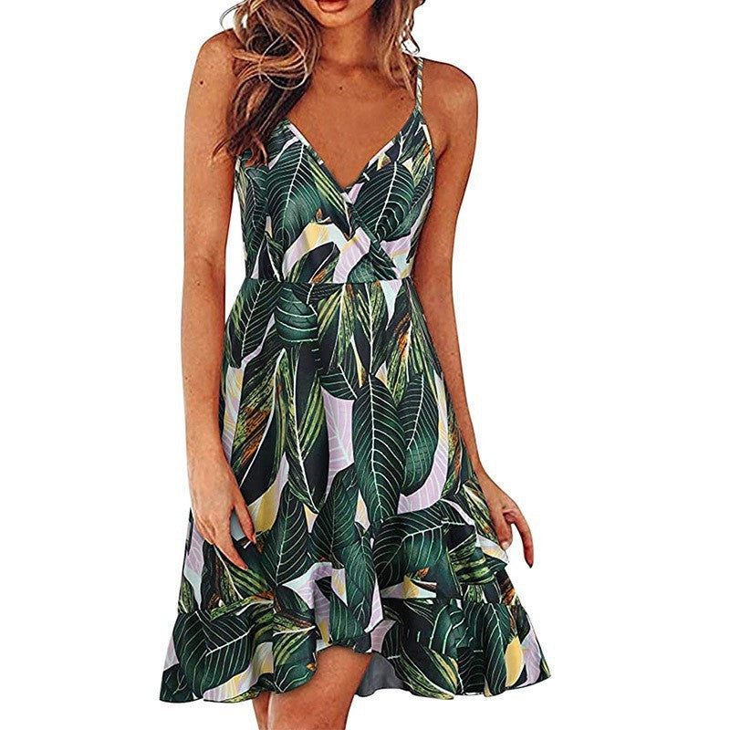 summer new european and american style sexy fashion v-neck cami dress sleeveless backless printed dress