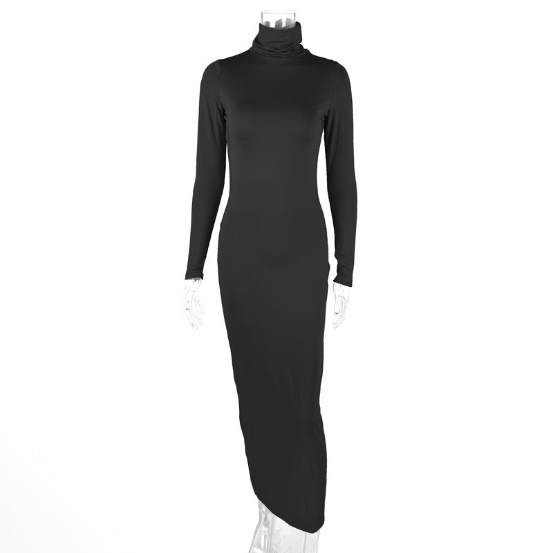 Europe and the United States  2025 winter independent station new women's fashion solid color slim-fitting turtleneck long-sleeved primer dress