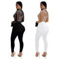 C6912 cross-border   fashion women's solid color mesh rhinestone long sleeve pants jumpsuit