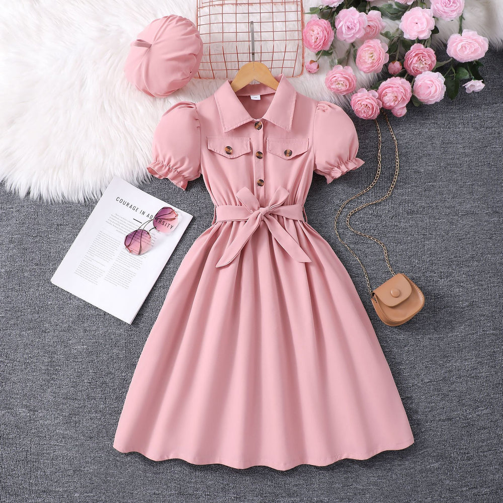new girls' long-sleeve collared solid color dress with belt and hat