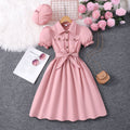 new girls' long-sleeve collared solid color dress with belt and hat
