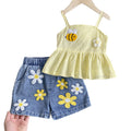 Kids clothing cross-border exclusive for european and american girls new arrival children's yellow suspender tops + blue shorts