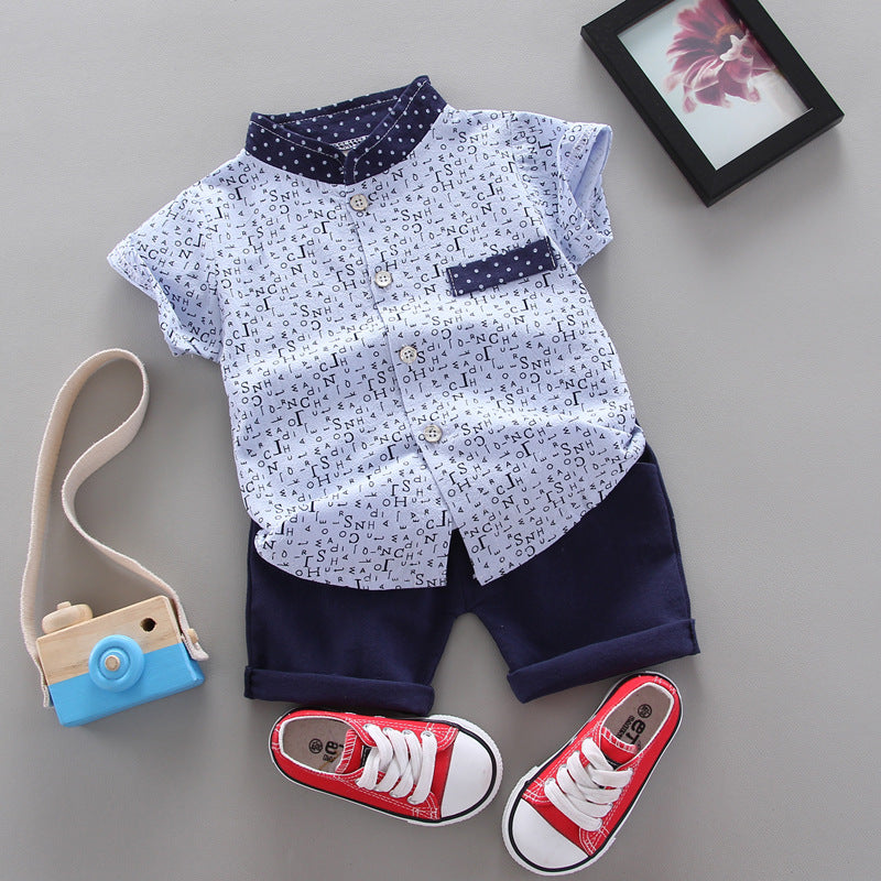 wholesale children's short-sleeve sets: summer boys' printed letter shirts, boys' short-sleeve t-shirt 2-piece sets