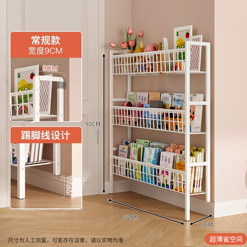 Bookshelf, ultra-thin wrought iron hole board shelf behind the door, floor storage rack against the wall, storage rack, children's picture book shelf