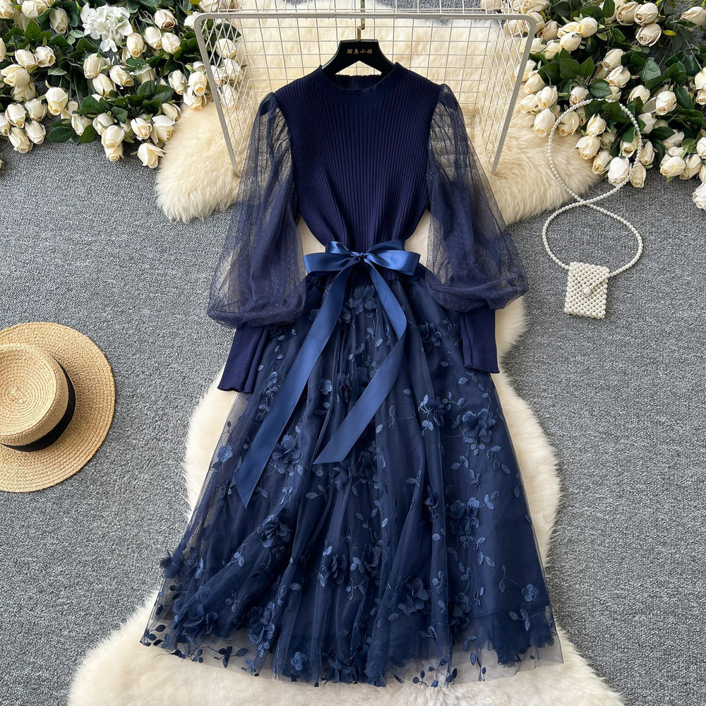 French chic embroidered mesh lantern sleeve knit patchwork waist-tie flared fairy dress