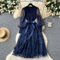 French chic embroidered mesh lantern sleeve knit patchwork waist-tie flared fairy dress
