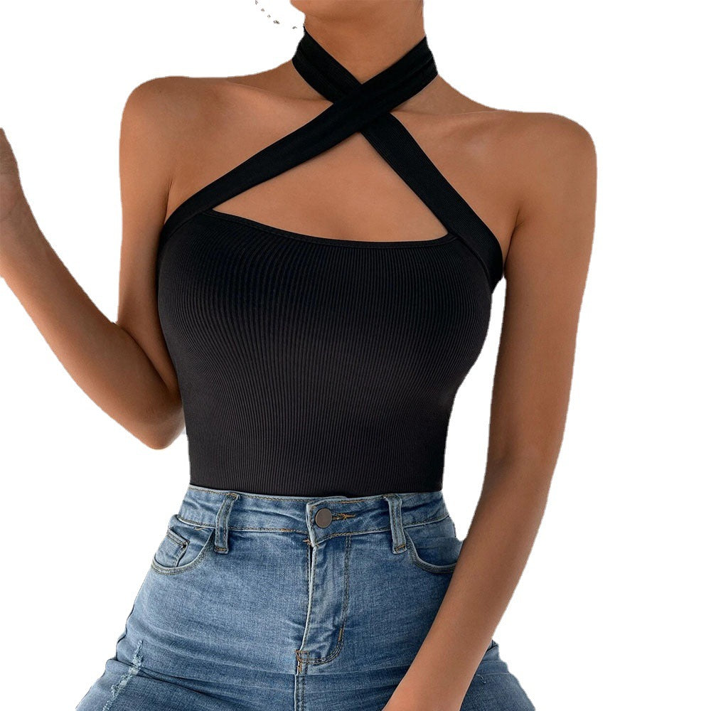 European and american style  solid color halter neck crisscross tank top sexy slimming slim fit top women's cross-border vest