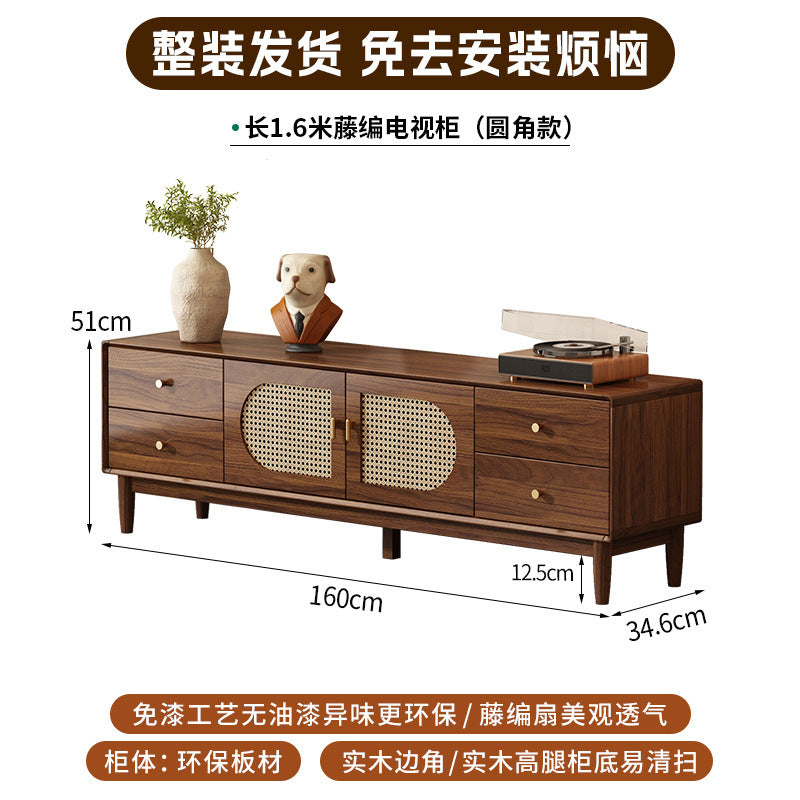Retro rattan solid wood frame TV cabinet household coffee table combination small apartment living room storage locker integrated new model
