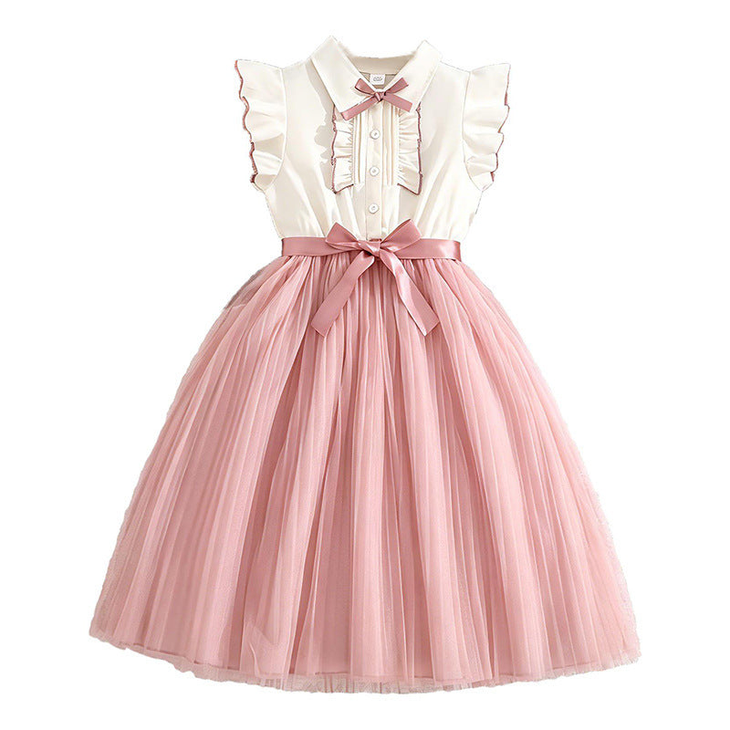 Girls' dress - cross-border children's wear -  summer new style - chic flutter sleeve color block mesh kids' princess dress - wholesale
