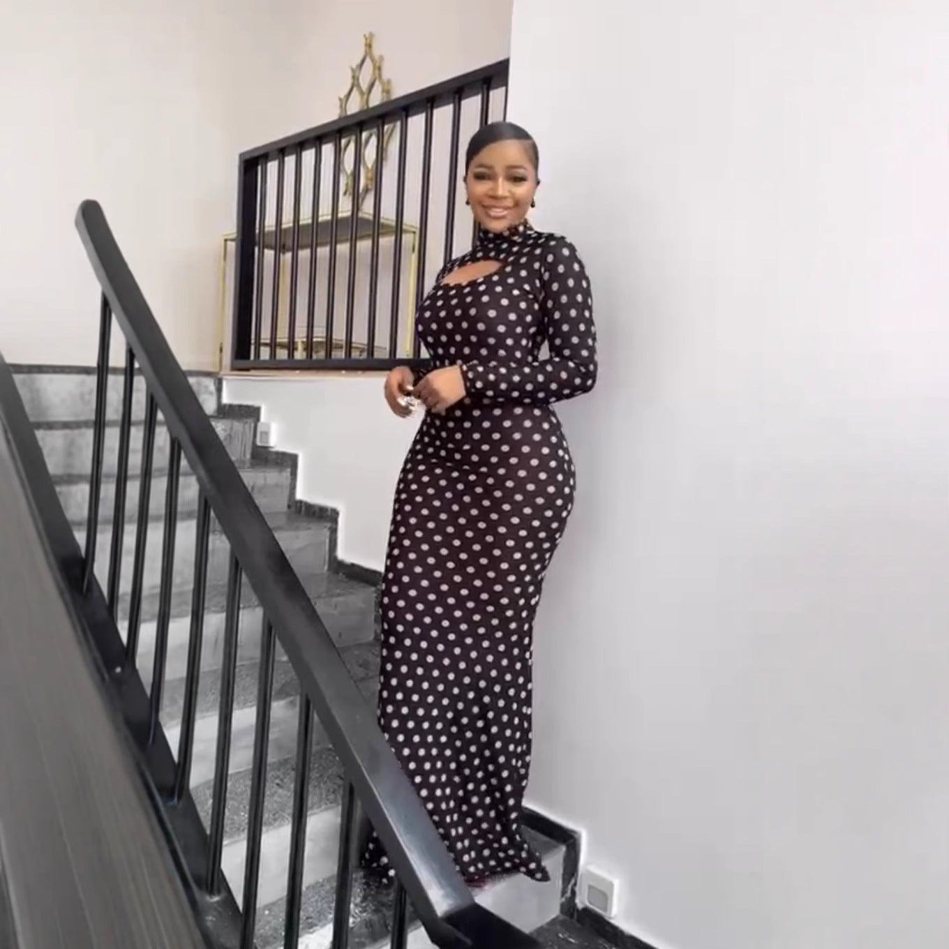 European and American new printed semi-turtleneck hollow sexy hip-wrapped long-sleeved dress polka dot long dress