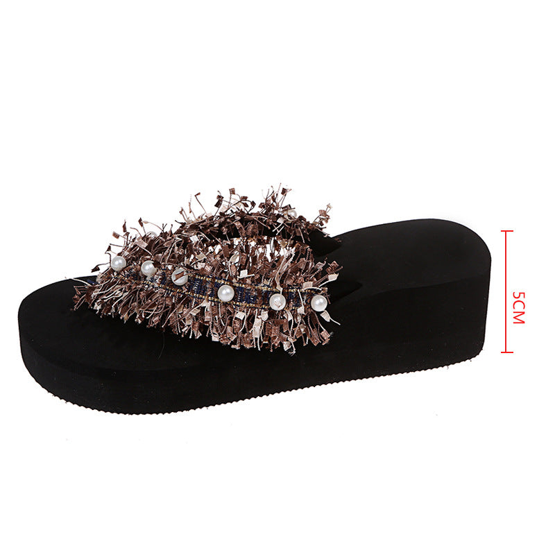 2024 summer new european and american style tassel open-toe pearl flip-flops flat sandals women's wholesale foreign trade shoes wish plus size