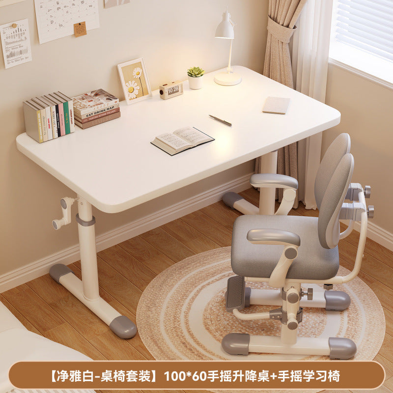 Hand-crank adjustable desk, thickened study table, bedroom study room complete computer desk set, adjustable wooden children's desk and chair set